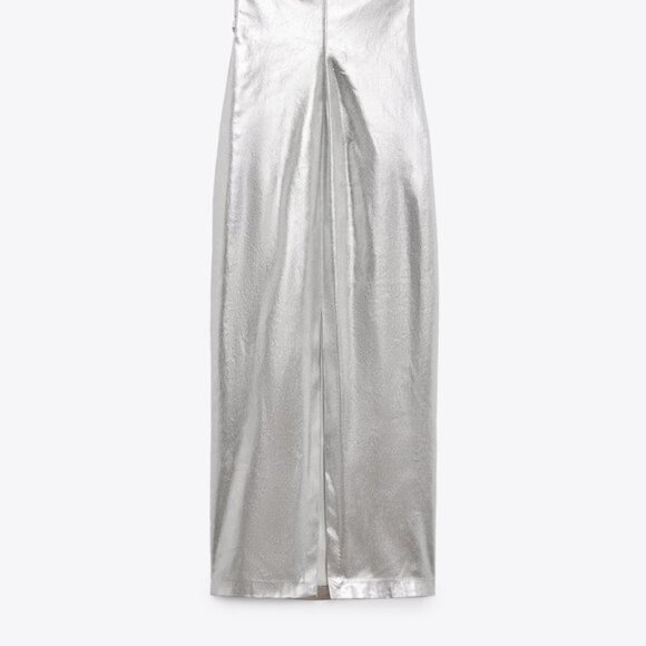 NEW Zara Women's METALLIC STRAPLESS LONG DRESS Silver - Picture 6 of 14